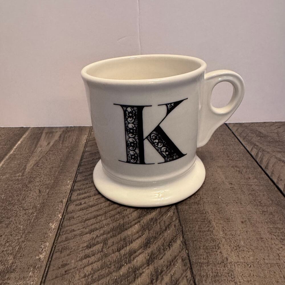 ANTHROPOLOGIE Coffee Mug Monogram‎ Letter Initial "K" Retro Shaving Style